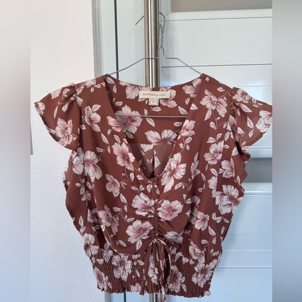 Monteau Brown Floral Blouse. Size M - Like New